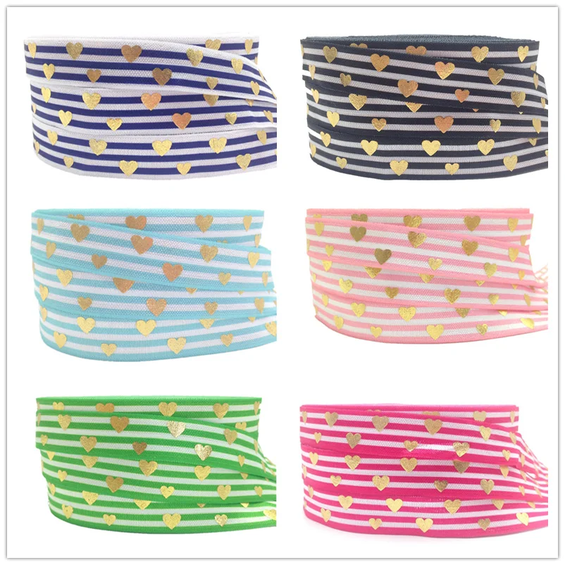 

10 yards/lot Gold Foil Love Heart Print Fold Over Elastic 5/8" Stripe FOE Elastic Ribbon for DIY Hair Supplies Hair Accessories