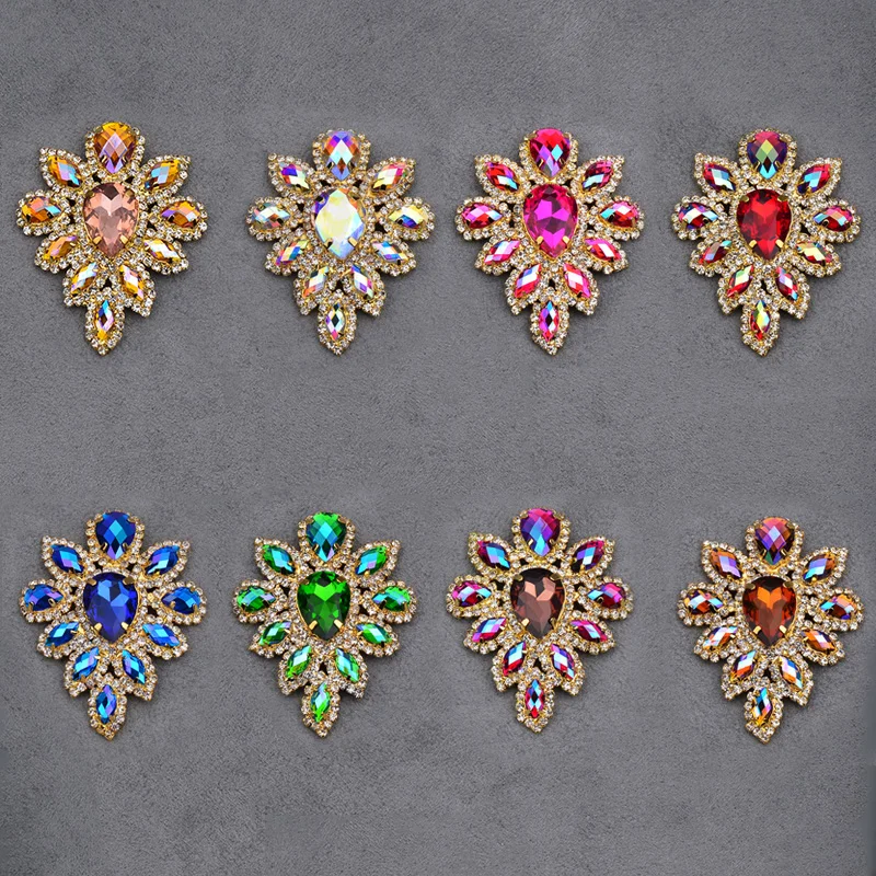 JUNAO 2pcs 45*59mm Sewing Green AB Crystals Flowers Glass Rhinestones Dress Applique Claw Crystal Stones For DIY Shoes Crafts