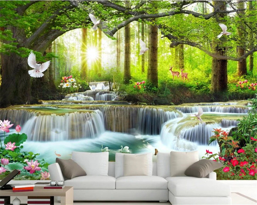 beibehang wall papers home decor Simple fashion personality wallpaper leisure green tree forest waterfall landscape tooling wall