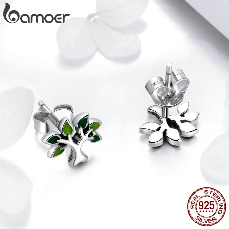 BAMOER 100% 925 Sterling Silver Tree of Life Stud Earrings Tree Leaves Leaf Earrings for Women Fashion Silver Jewelry SCE409