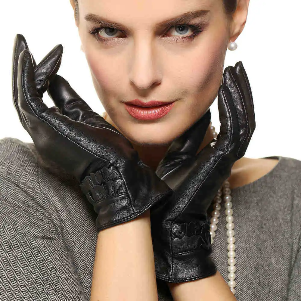 Sale Brand Women Leather Gloves Warm Winter Lady Genuine Sheepskin Glove Fashion Wrist Lace Solid Black Driving L122NQ