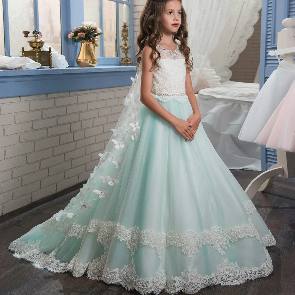 

Pageant Dresses for Girl Butterfly O-neck Lace Up Bow Sash Sleeveless Ball Gown Vestidos Longo Custom Made First Communion Gown