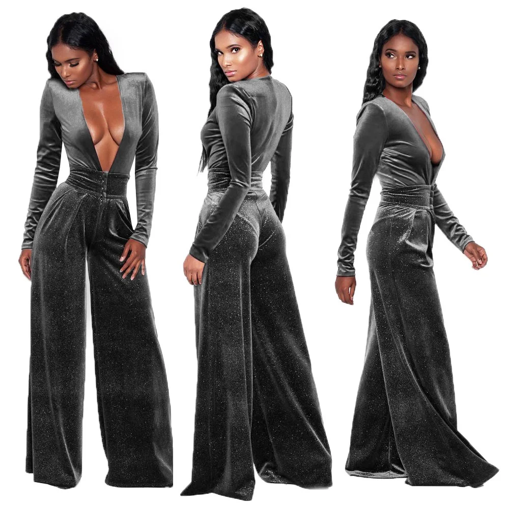 2019 Mode Effen kleur Vrouwen Jumpsuit Sexy Diepe V-hals Plus size Kleding