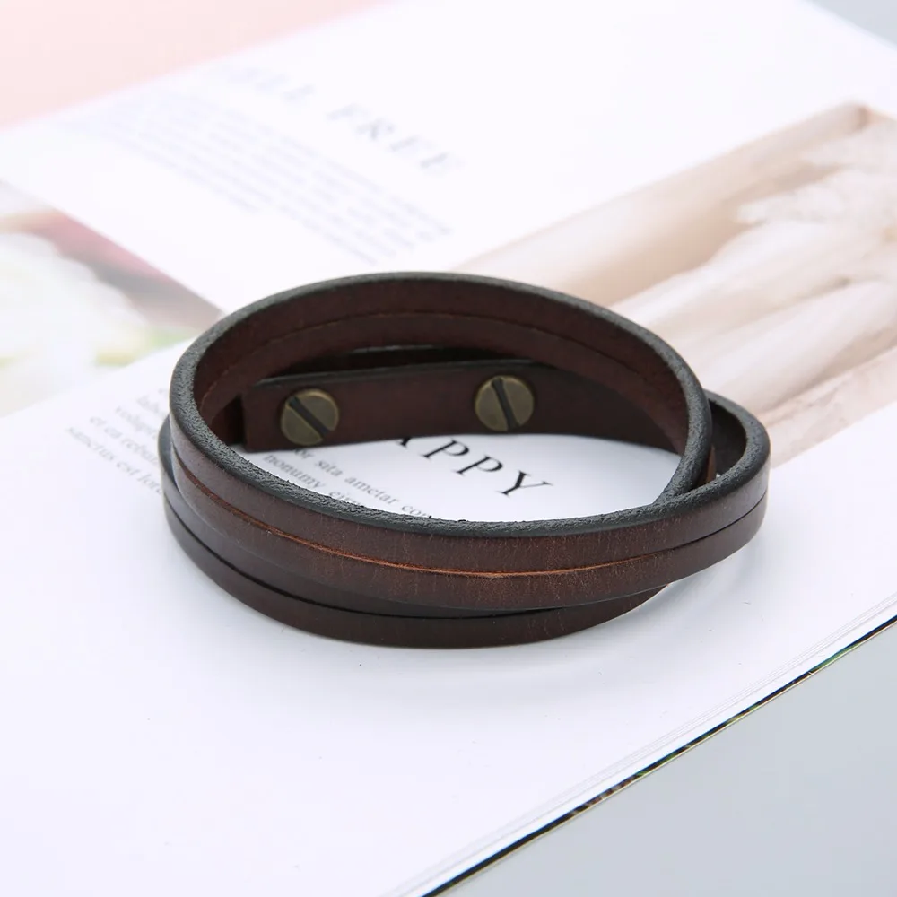 Louleur New Black Brown Double Chain Leather Wristband Bracelet Punk Vintage Men Women Casual Bracelets Bangles Male Gift