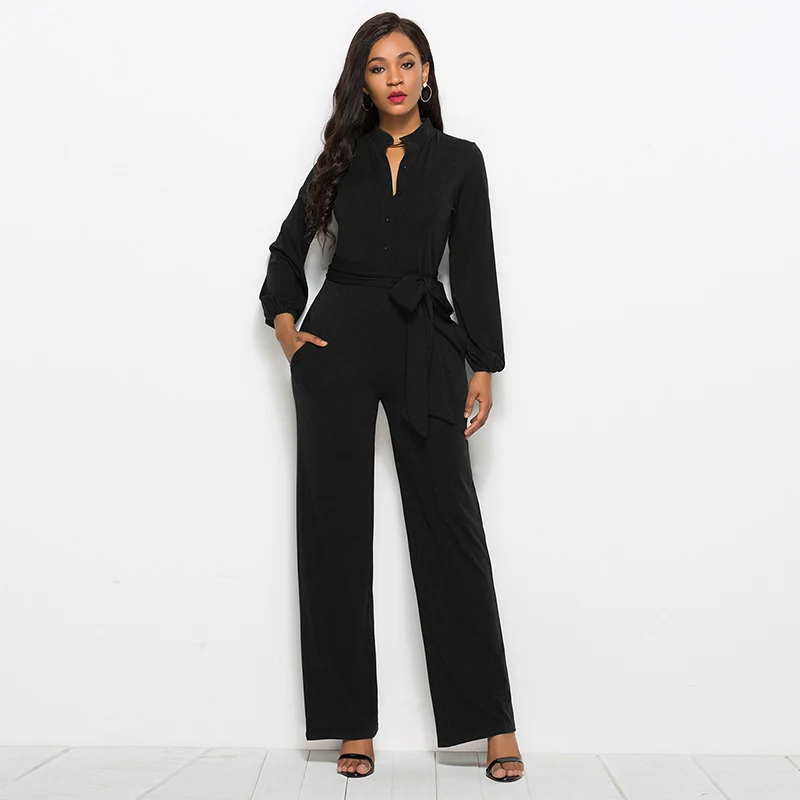 

Straight Jumpsuit Belt Women Wide Leg Pants Elegant Office Lady Stretch Rompers Long Sleeve Baggy Luxury Celebrity Party Overall
