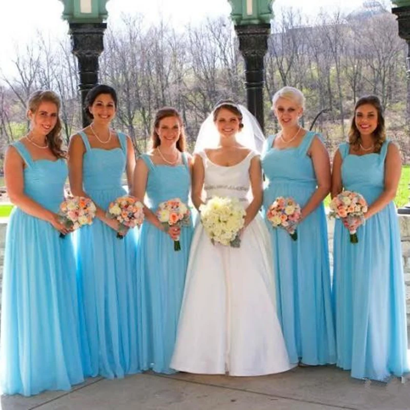 

Cheap Sky Blue Long Chiffon Bridesmaid Dresses With Straps A-Line Maid of Honor Dresses Floor length Prom Party Gowns Plus Size