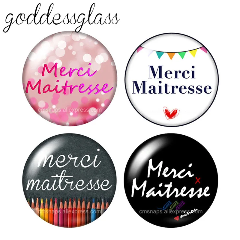 

Fashion merci maitresse french words 10pcs 12mm/18mm/20mm/25mm Round photo glass cabochon demo flat back Making findings