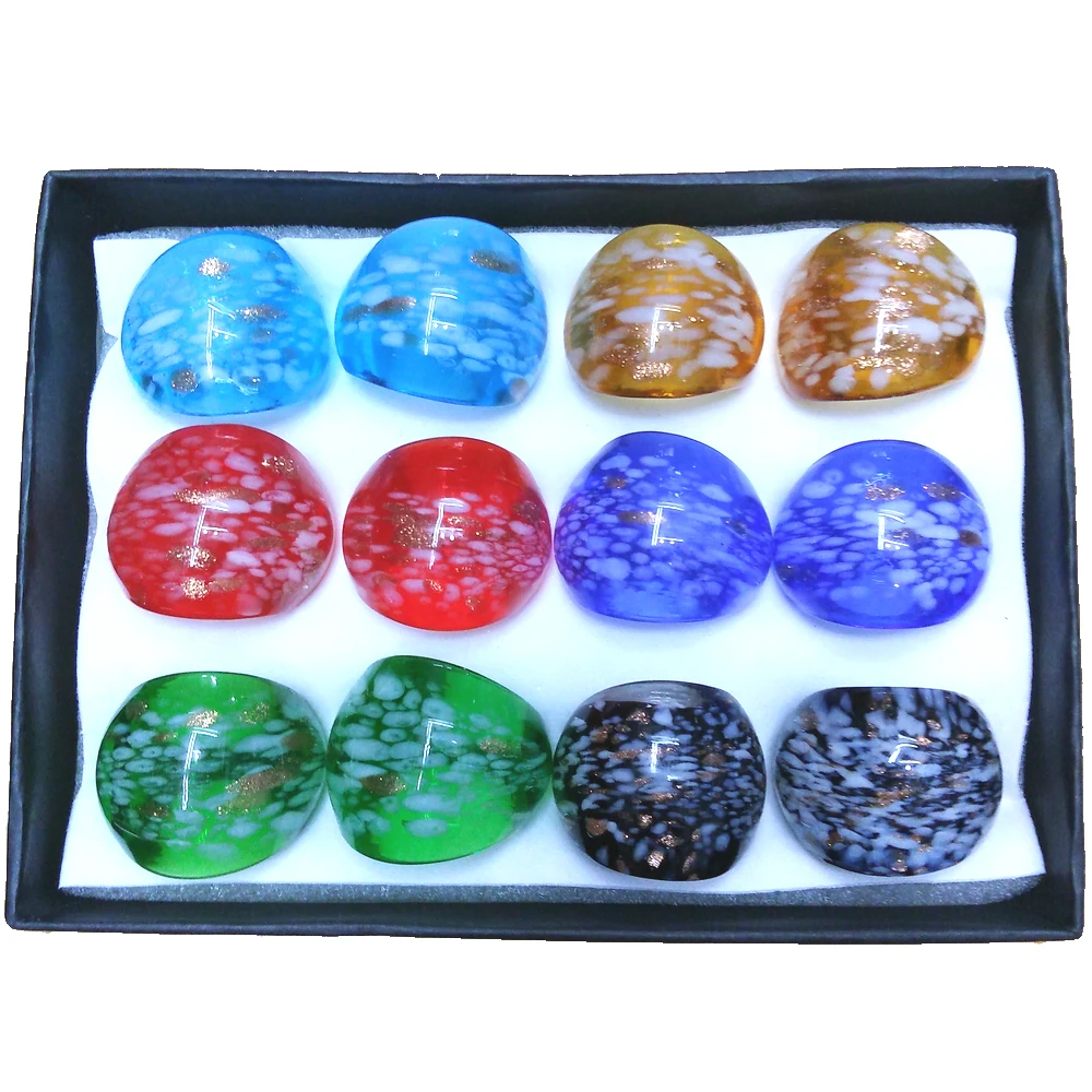 White And Gold Foil Spot Glass Rings, Bright Candy Color Murano Glass Rings 12pcs/lot