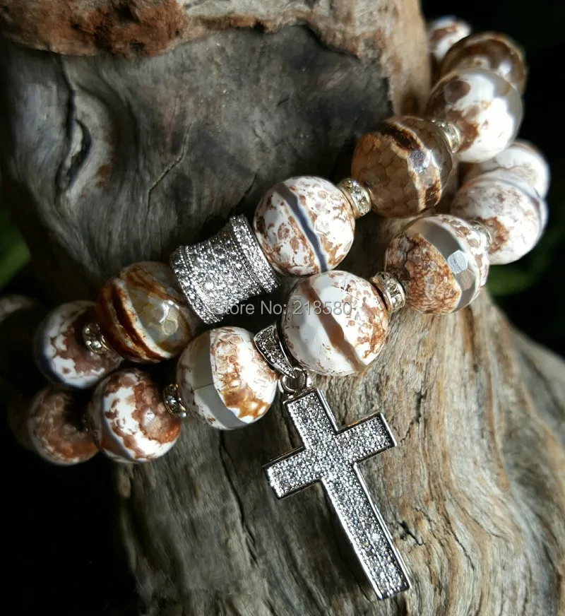 

Tibetan Dzi Onyx Beads Pave CZ Tube and Cross Bracelets Set SE21583Cross Accessaries