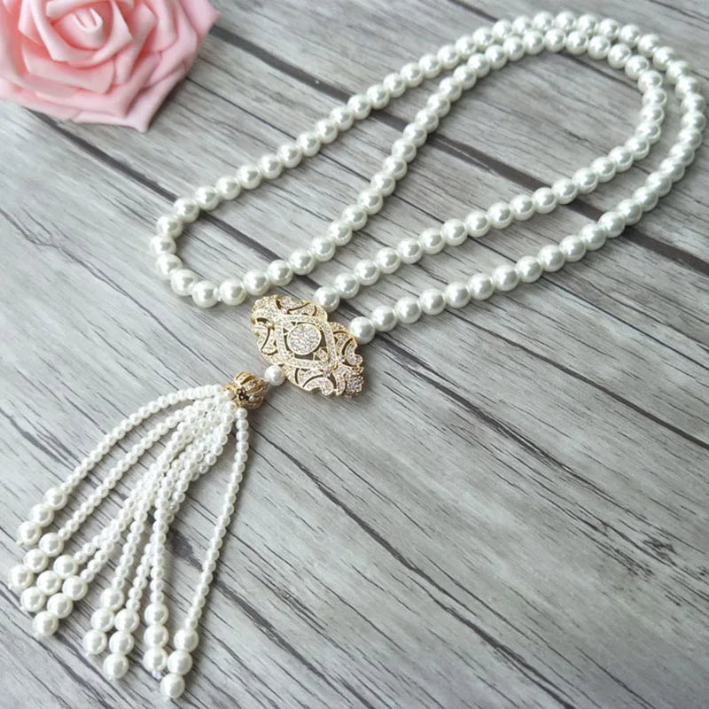 5pcs CZ zircon crystal Micro pave golden charm Pendant Connector, Shell Pearl Beads Chain tassels Women Necklace NK223