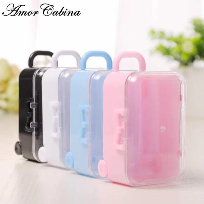 30pcs Plastic Mini Cute Rolling Travel Suitcase Box Shape Candy Box Wedding Kids Candy New Year Christmas Party Supplies