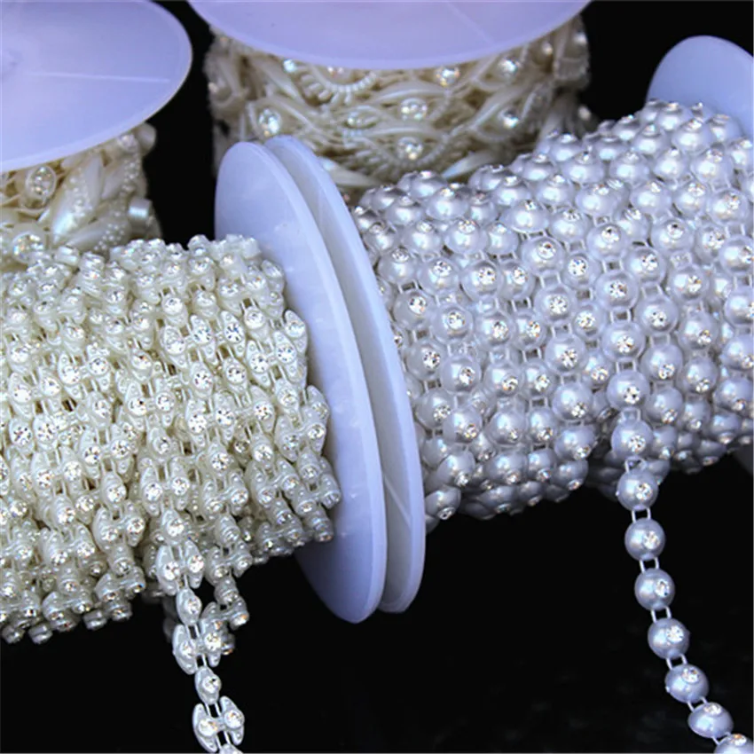 1 Yard Rhinestone Chain ABS Pearl Beads Crystal Chain Trim Sew On for DIY Wedding Costume Applique Jewelry Craft Accessories