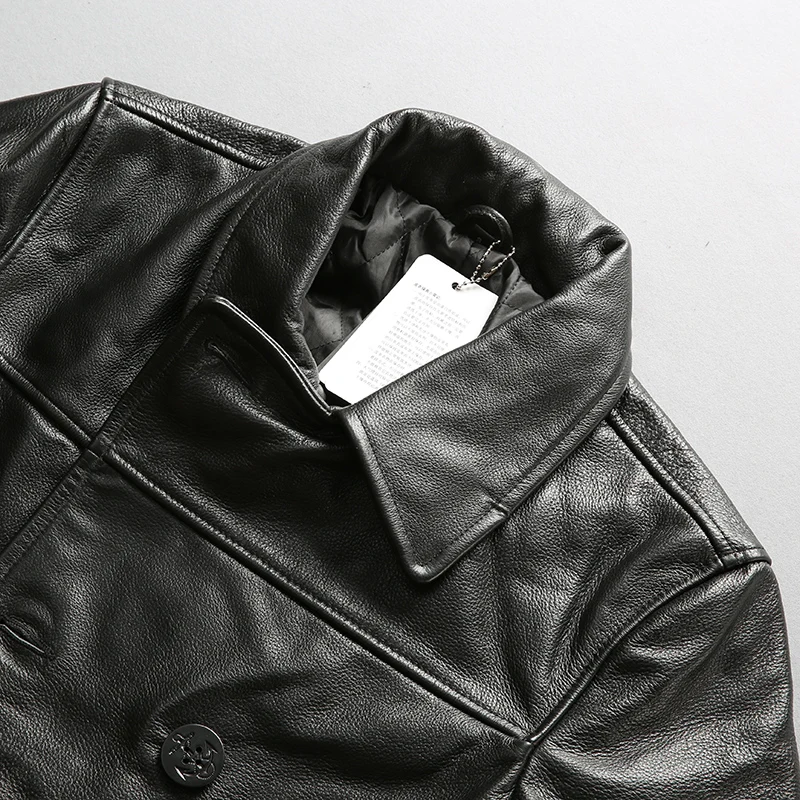AVIREXFLY 2018 New Men Black Cow skin Genuine Leather Jacket Smart Casual Cowhide Double breasted Jacket Winter Coats