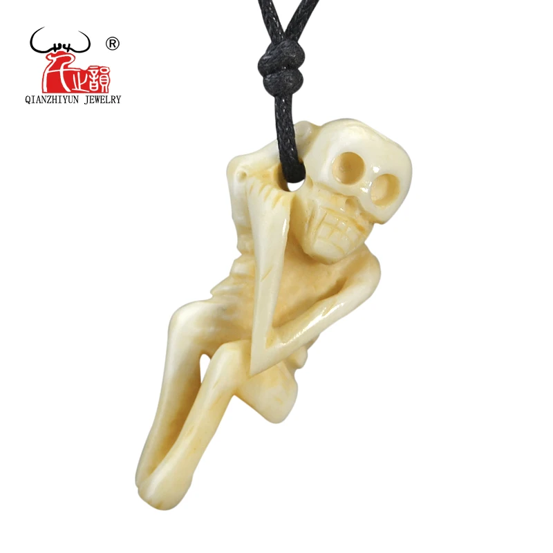 GX118 Handmade Carved Yak Bone skeleton Pendant Tibetan tribal ornaments Vintage yellow skull necklace for men