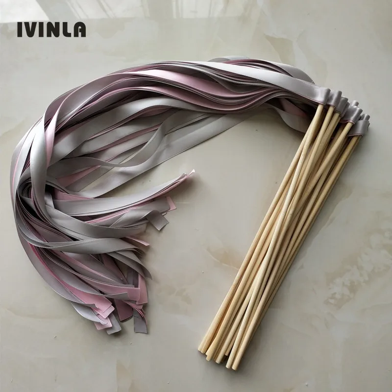 

50pcs/lot sliver and pink wedding ribbon wands stick without bell ribbon Twirling Streamers,wish wands