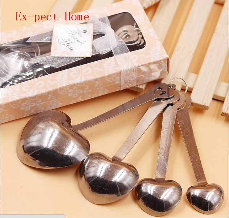 Delicate 100sets =400pcs/lot Heart Shaped Measuring Spoons Set Wedding Favors LOVE New 4pcs/set for each gift box