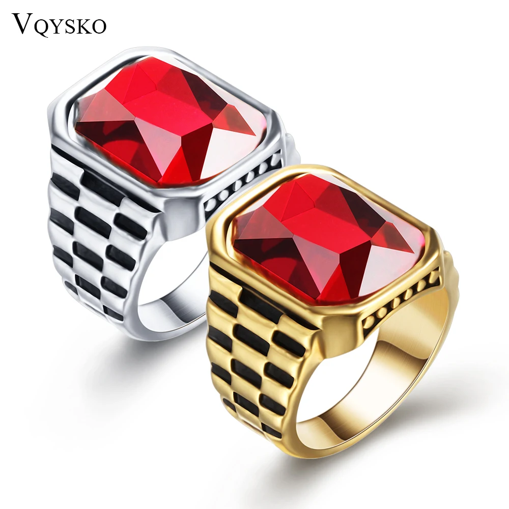 Man Punk Rings Vintage 316L STAINLESS Steel Red Gem Finger Ring With Stone Fashion Men Jewelry