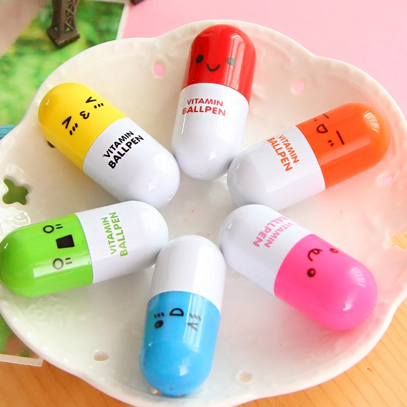 6pcs/lot Korea Stationery Smiling Face Pill Shape Ballpoint Pen Cute Cartoon Favor Retractable Ball Pen