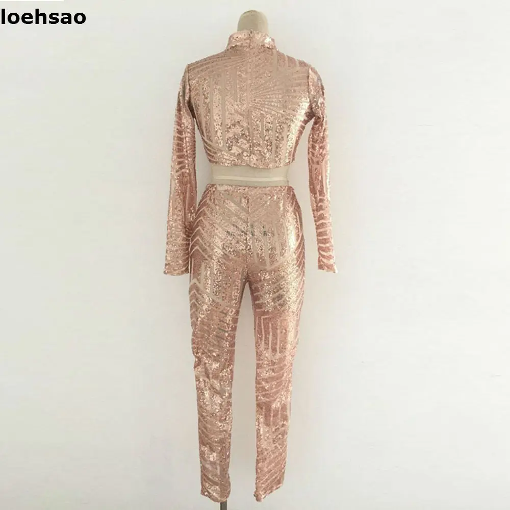 New Fashion Sexy Slim Black Red Gold Bodycon Bandage Playsuit Hollow Out Sequined Women Bodysuit Bandage Jumpsuits Pencil Pants