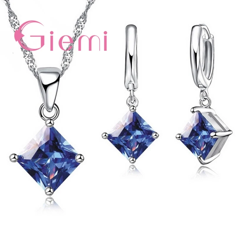 Ensemble de Bijoux avec pendentif en argent Sterling 925, boucles d'oreilles, 8 couleurs, beau collier pour femmes, cadeau pour amoureux, carré en cristal