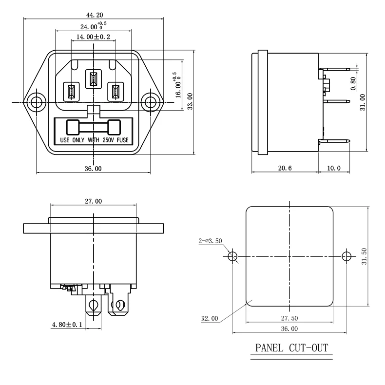 新しいパネルマウント3ピンiec 60320 C14入口オス電源プラグ15A ac 250v w/ヒューズホルダー