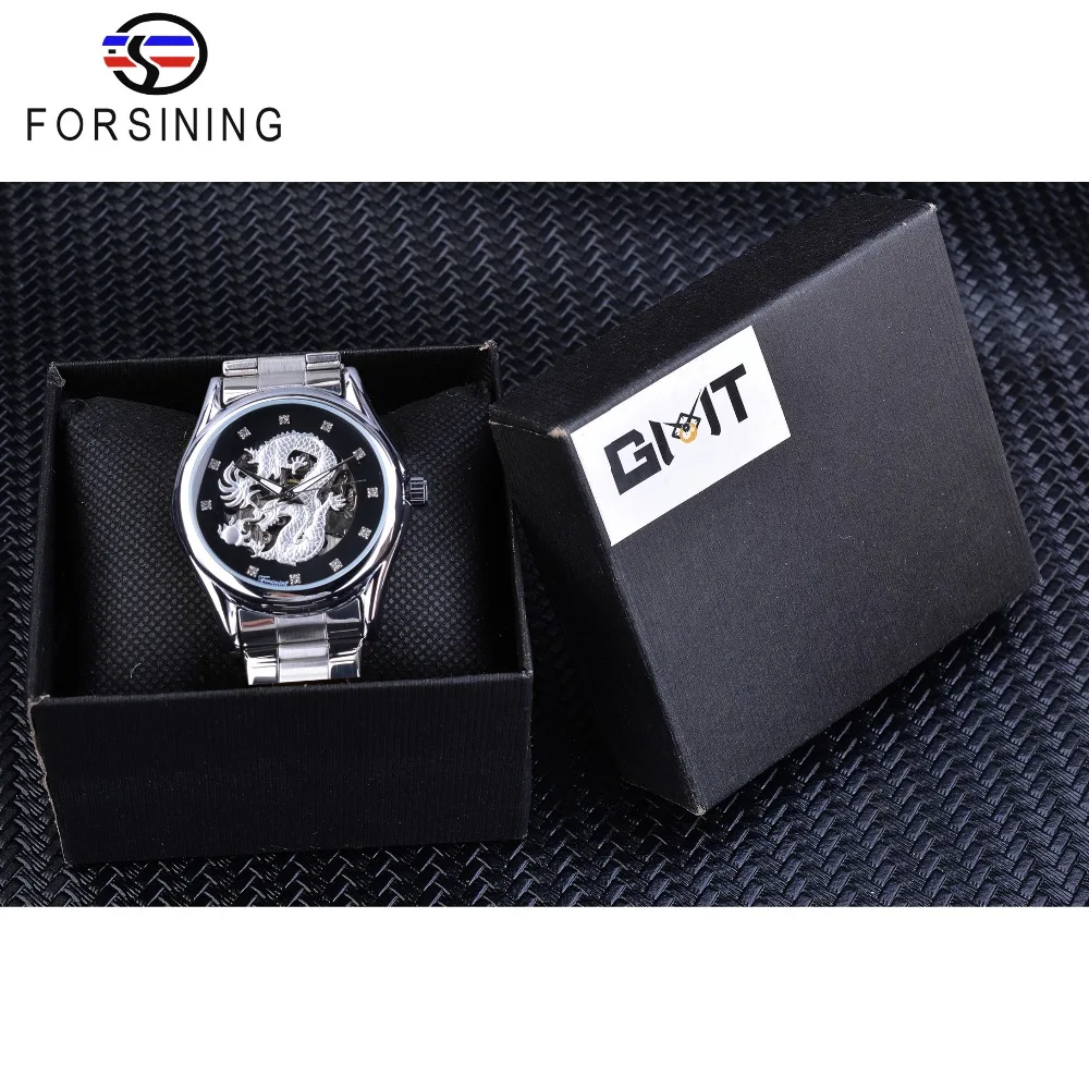 Forsining Classic Dragon Ontwerp Zilveren Roestvrij Staal Diamant Display Mannen Automatische Horloges Top Merk Luxe Montre Homme