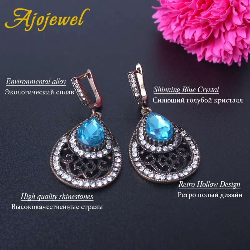 Ajojewel Vintage Style Blue Crystal Water Drop Earrings For Women With Rhinestone Antique Gold Color Retro Jewelry Wholesale
