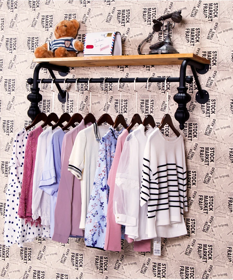 Clothes store hangers display rack The Wall wrought iron solid wood wall-mounted Textile Gondola clothes hangers side hangers.