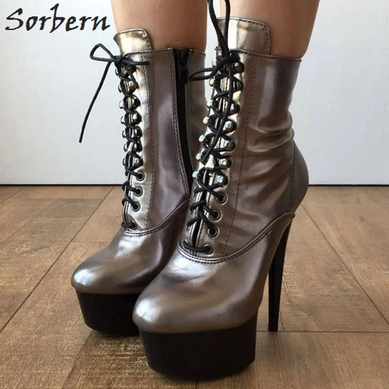 Sorbern Punk Metallic Ankle Boots 15Cm High Heel Shoes Platform Heeled Bling High Heels Girls Shoes Reflective Heels Boots