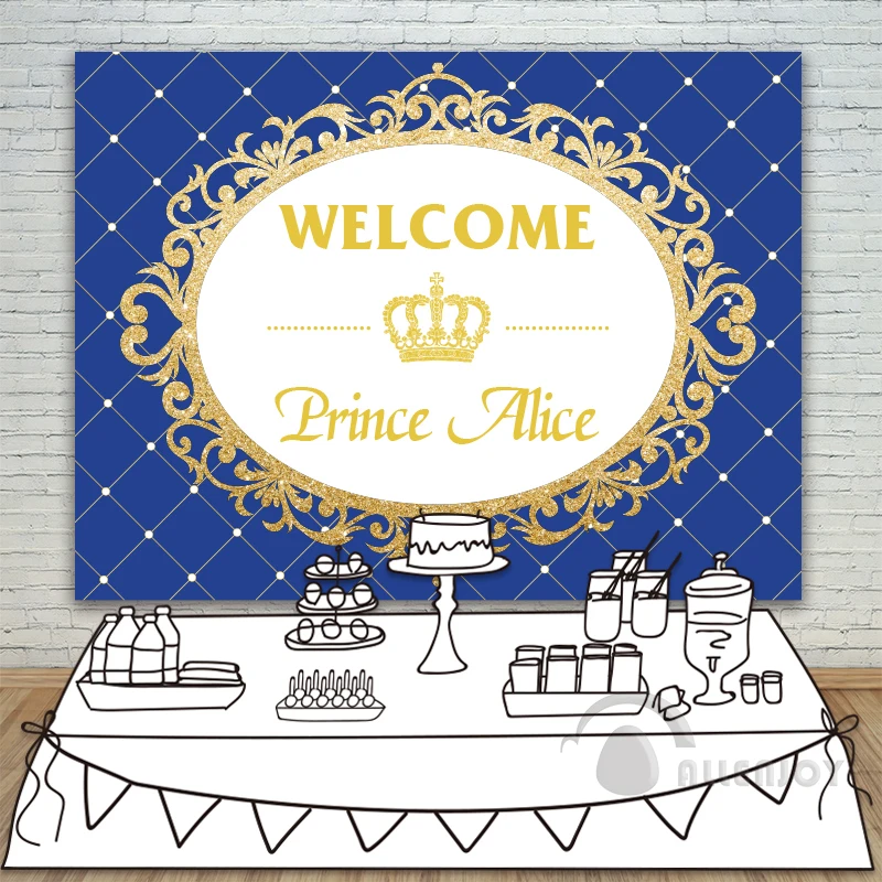 

Prince Party Backdrop Baby Shower Gold Glitter Birthday Crown Invitation celebration Party Table Dessert Background Allenjoy