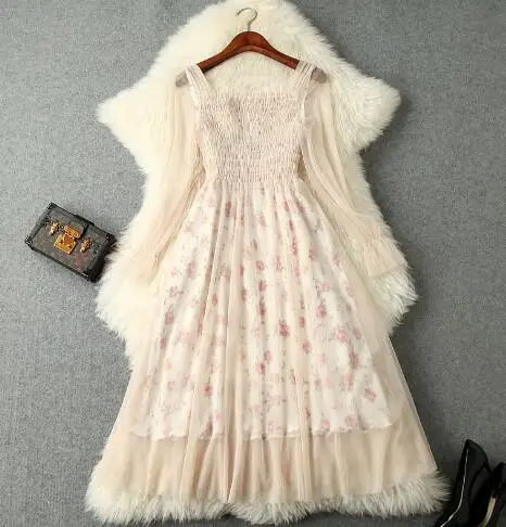 

2019 spring and summer women's new square collar trumpet sleeves high waist mesh dress + floral dressT3639