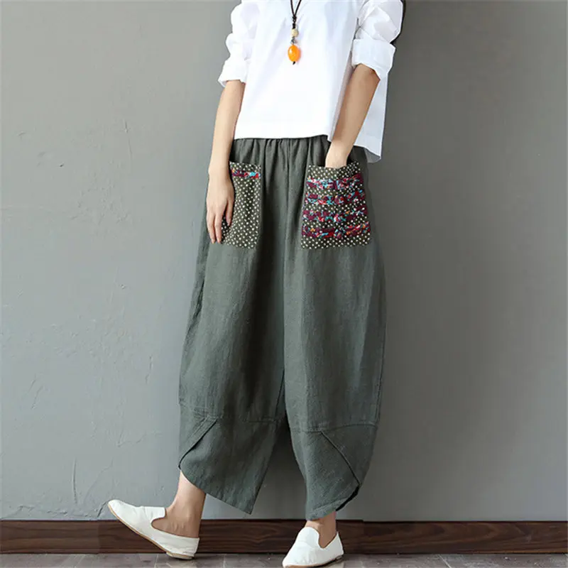 Sarouel Pantalon Femme Hậu Cung Quần Boho Vintage Vải Lanh Cotton Quần Ống Rộng Nữ Bộ Thun Quần Size Lớn 2XL