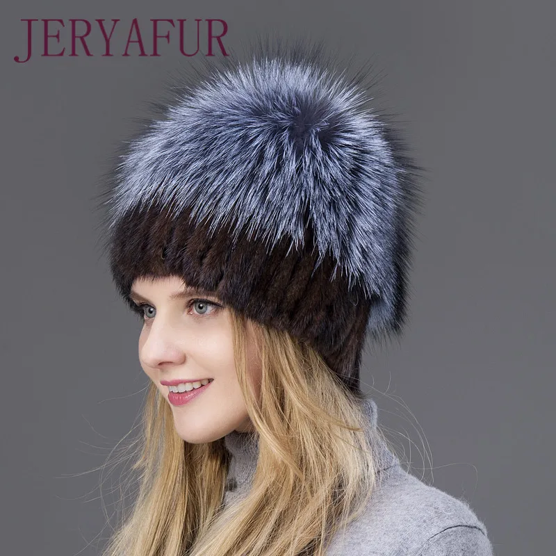 Hot Sale Fashion Mink Fox Hat Winter Warm Women Knitting Caps Mink Hats Vertical Weaving With FOX Fur On The Top