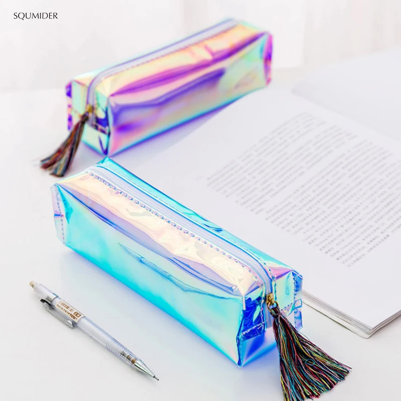 Creative Laser School Pencil Cases Colorful Transparent Cosmetic Makeup Bag Pouch Cute Girls Pencil Bag High Capacity School