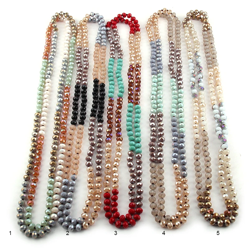 Fashion Bohemian Jewelry 5X8 Crystal Glass Long knotted Halsband Mumti Color Crystal Necklace