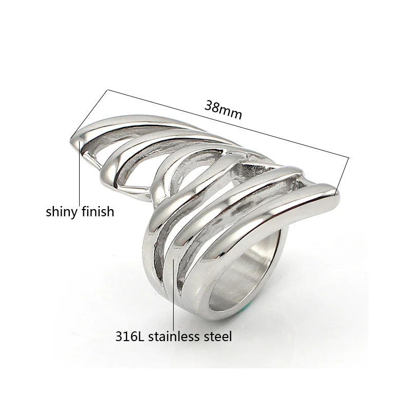 Silver Color Hollow Long Party Finger Rings Size 7 8 9 Stainless Steel Wing Rings For Women