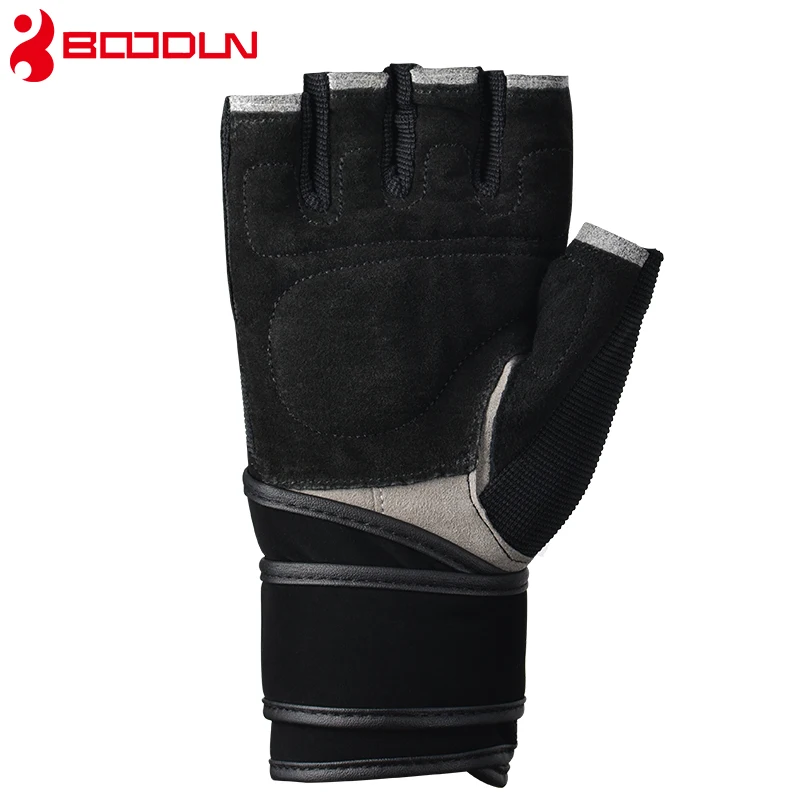 Boodun Sports Fitness Weight lifting Gloves Black Genuine Leather Wrist Gloves Gym Men Women Breathable Training