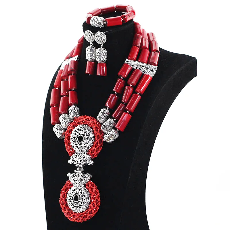 Natural Coral Luxury Wine Red African Coral Beads Wedding Jewelry Sets Red and Silver Women Costume Pendant Necklace Set ABH531