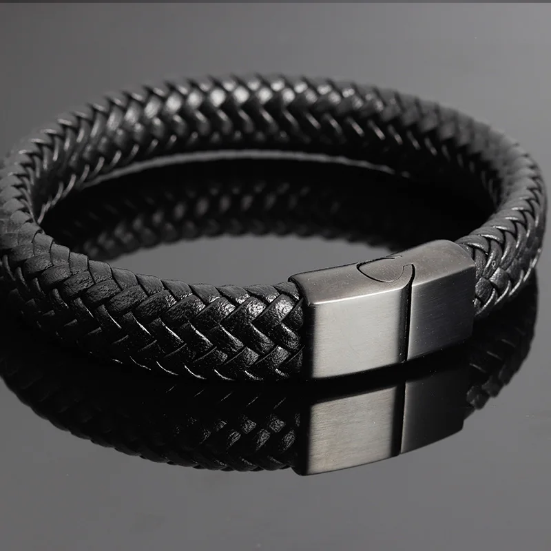 Classic Men Jewelry Genuine Leather Bracelets Stainless Steel Bracelets Black Rope Chain Fashion Wristband for Male Gift Magnet