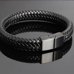 Classic Men Jewelry Genuine Leather Bracelets Stainless Steel Bracelets Black Rope Chain Fashion Wristband for Male Gift Magnet