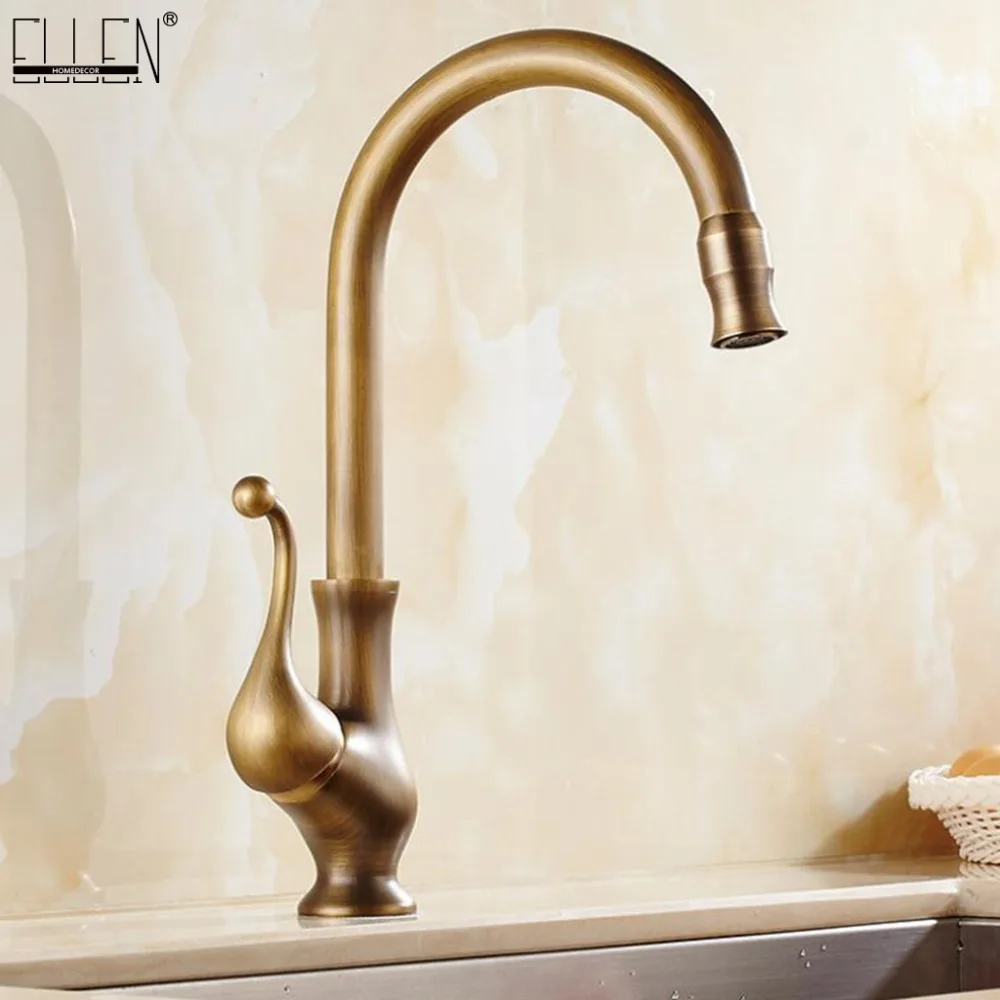 Antique Brass Finish Kitchen Faucet Bronze Single Handle Hot and Cold Water Sink Tap 360 Swivel Bathroom Sink Mixer Taps EK5013