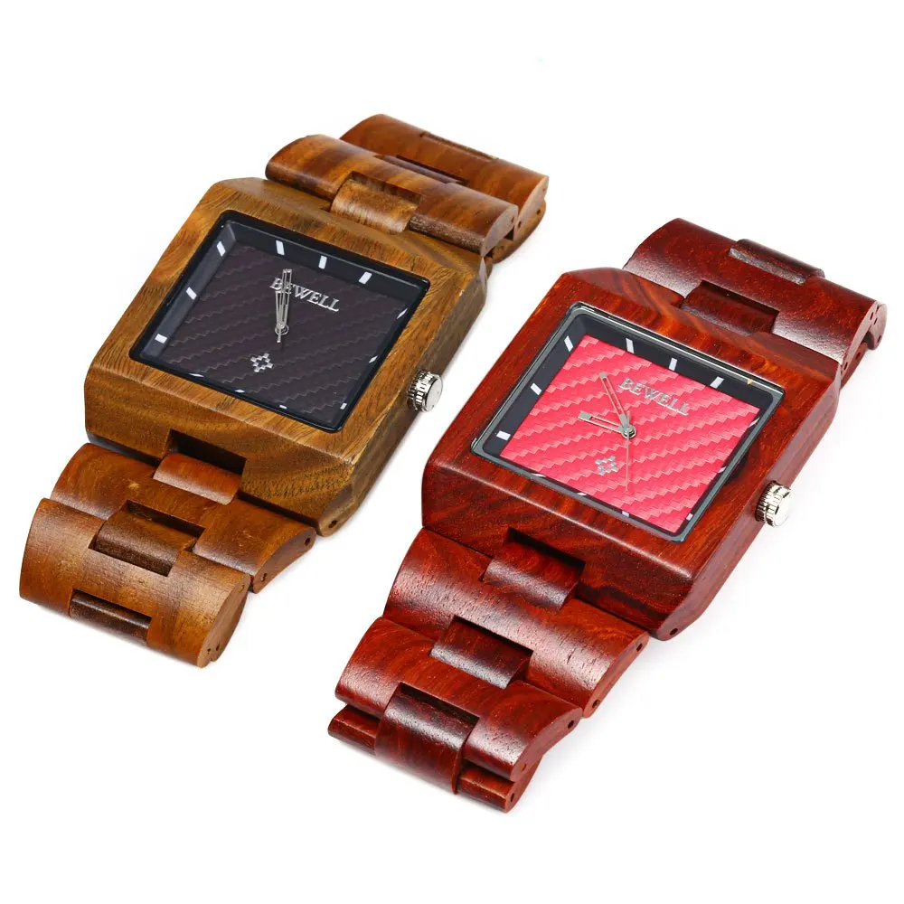 Bewell Wood Watch Men Fashion Wrist Watch, Wooden Band Rectangle Dial Analog Wristwatches, Water Resistant Casual Watches