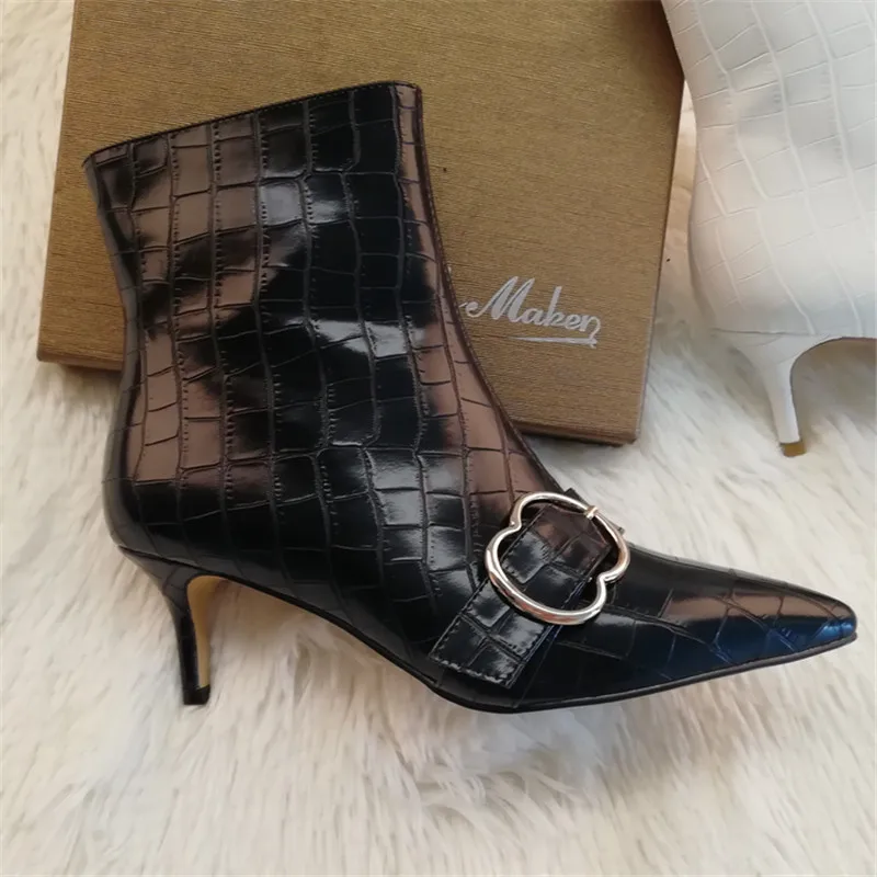 Onlymaker Women Pointed Toe Pattern Kitten Heel 6.5CM Stone Zipper Ankle Boots Single Strap Sexy Black and White Booties