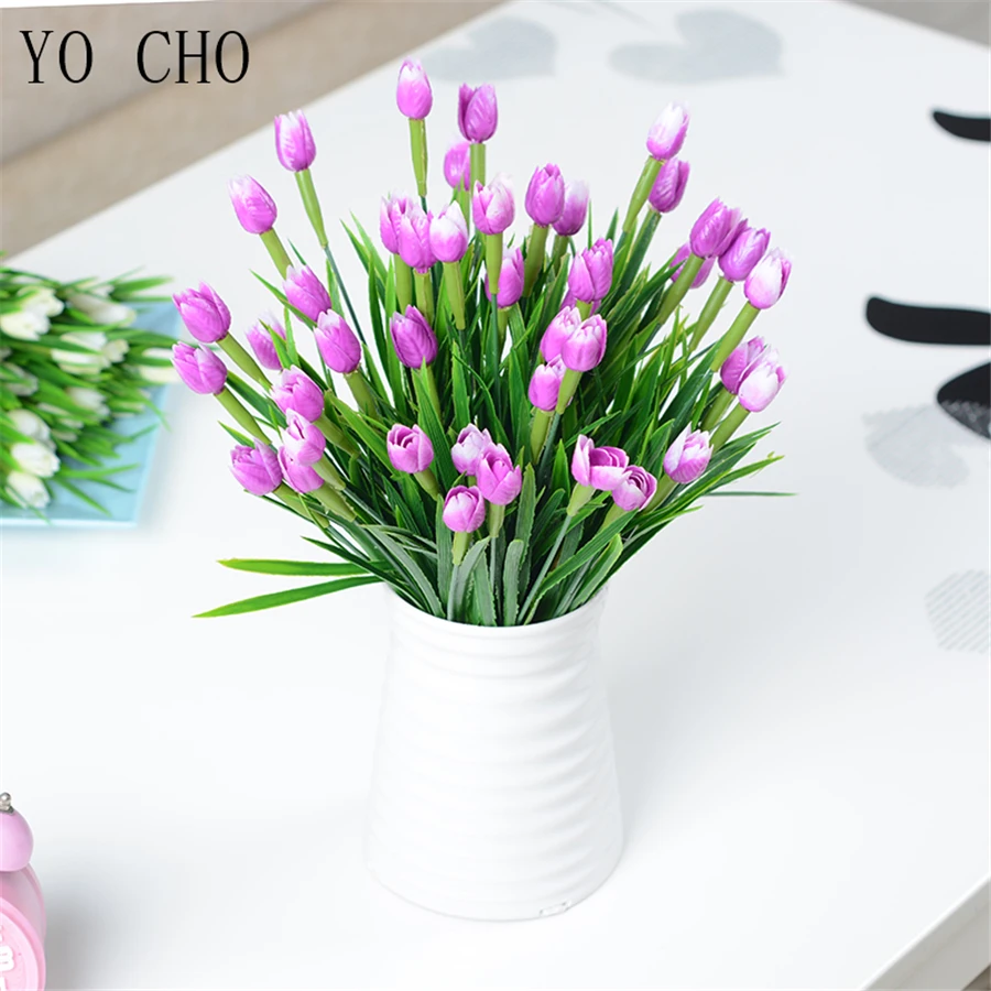 YO CHO Artificial Flowers Tulip Bonsai Wedding Home Decoration Spring Grass Plastic Tulip Plante Fake Flowers Mini White Flowers