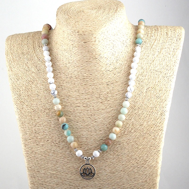 Fashion White Beads Amazonite Stones Bohemian Tribal Jewelry 108 Mala bracelet Lotus Flower Charm Necklace