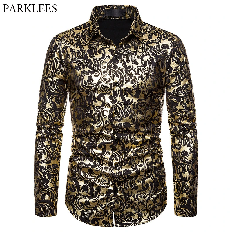 Men\'s Paisley Gold Shiny Print Dress Shirts Luxury Design Slim Fit Button Down Stylish Shirt Men Wedding Party Banquet Chemise