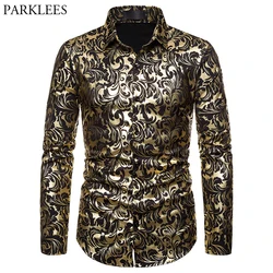 Men's Paisley Gold Shiny Print Dress Shirts Luxury Design Slim Fit Button Down Stylish Shirt Men Wedding Party Banquet Chemise