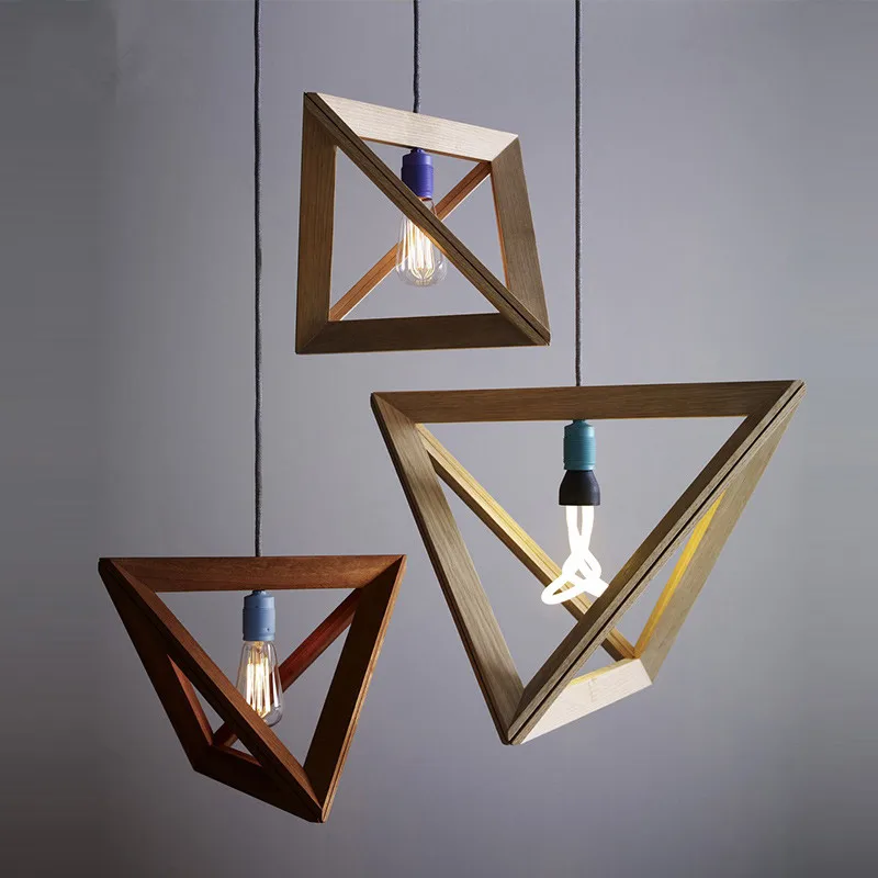 Triangle Wooden Frame pendant light  American Village Geometric Solid Wood lamp Garment Shop Creative Creative Wooden Light