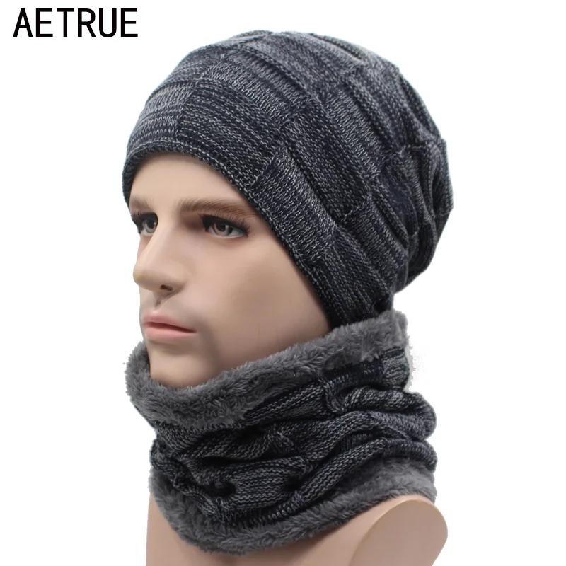 AETRUE 2019 Winter Beanie Hat Scarf skullies beanies Soft Skull Warm Baggy Cap Mask Gorros Winter Hats For Men Women Knitted Hat