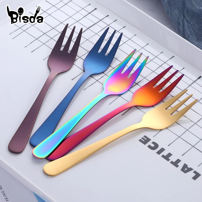 Вилка для торта, 9 цветов, золотые вилки из нержавеющей стали для фруктов, салатов, небольшая Радужная вилка, полезная Десертная Вилка для закусок, столовой посуды